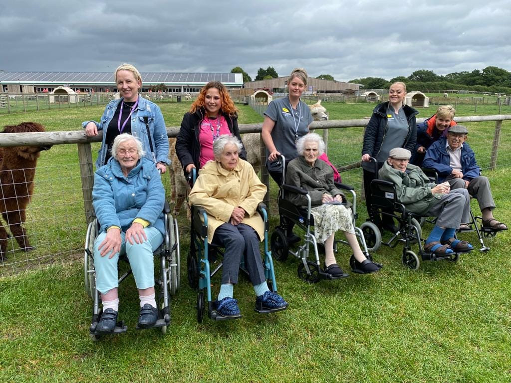 A group of elderly care home residents, several in wheelchairs, sit and smile alongside their carers during a visit to a farm. Behind them is a wooden fence with alpacas and other animals visible in the field. The group is outdoors on grass, with farm buildings and animal shelters in the background under a cloudy sky.