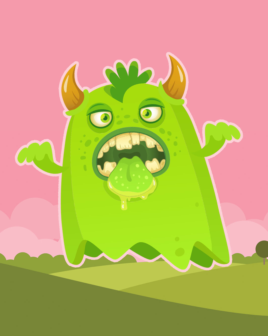 A bright green cartoon monster with horns, bulging yellow-green eyes, and sharp teeth sticks out a slimy tongue dripping with drool. Its ghost-like body hovers above rolling green hills with a pink sky in the background, giving a playful yet spooky feel.