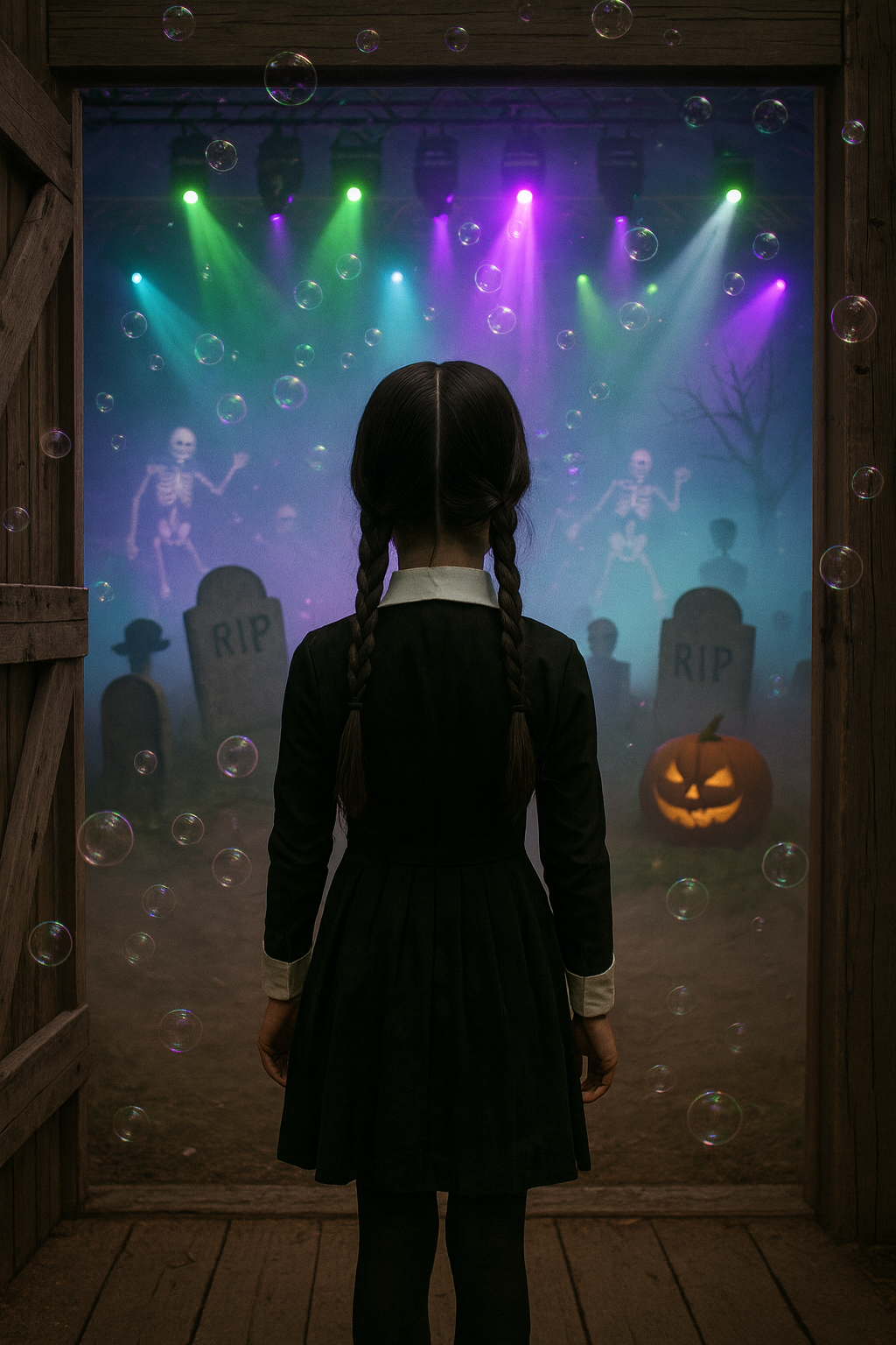 Spooky character standing infront of a halloween disco in a barn.