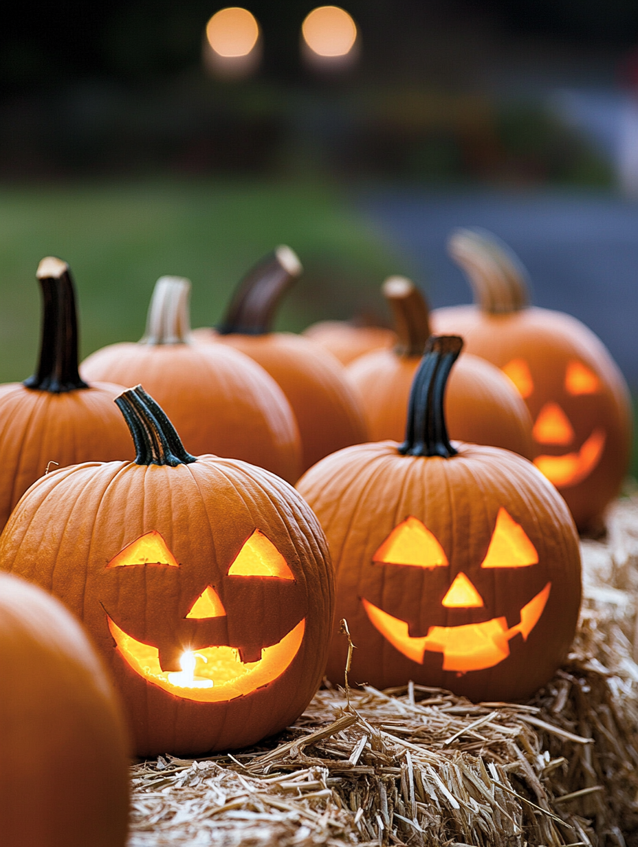 Row of glowing jack-o’-lanterns with smiling faces carved into pumpkins, placed on straw bales outdoors at dusk. Each pumpkin has a candle inside, lighting up their triangular eyes and wide grins.