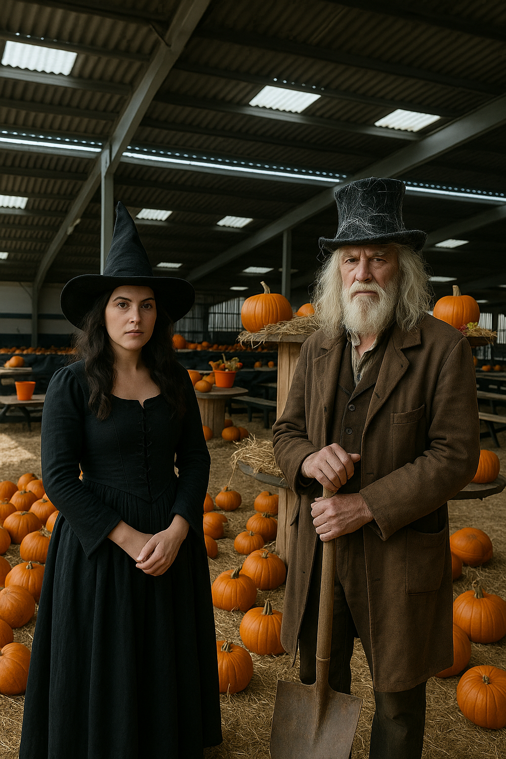 A woman dressed as a witch and an older man dressed as a gravedigger stand in an undercover pumpkin patch. The witch wears a long black dress and pointed hat, while the gravedigger has long white hair, a beard, a worn brown coat, and a tall black hat, holding a spade. Around them are rows of bright orange pumpkins on straw, with wooden tables and festive displays in the background.